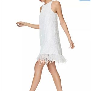 White Aidan by Aidan Mattox Halter Sequin Feather Trim Mini Dress